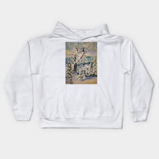 A winter snowscene with trees and mountains in watercolour. Kids Hoodie